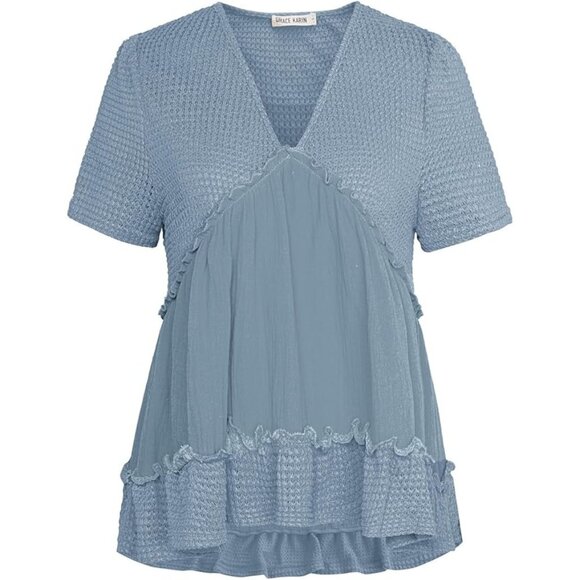 Grace Karin Short Sleeve Top Small Blue V Neck Ruffle Peplum Waffle Knit - Picture 1 of 3